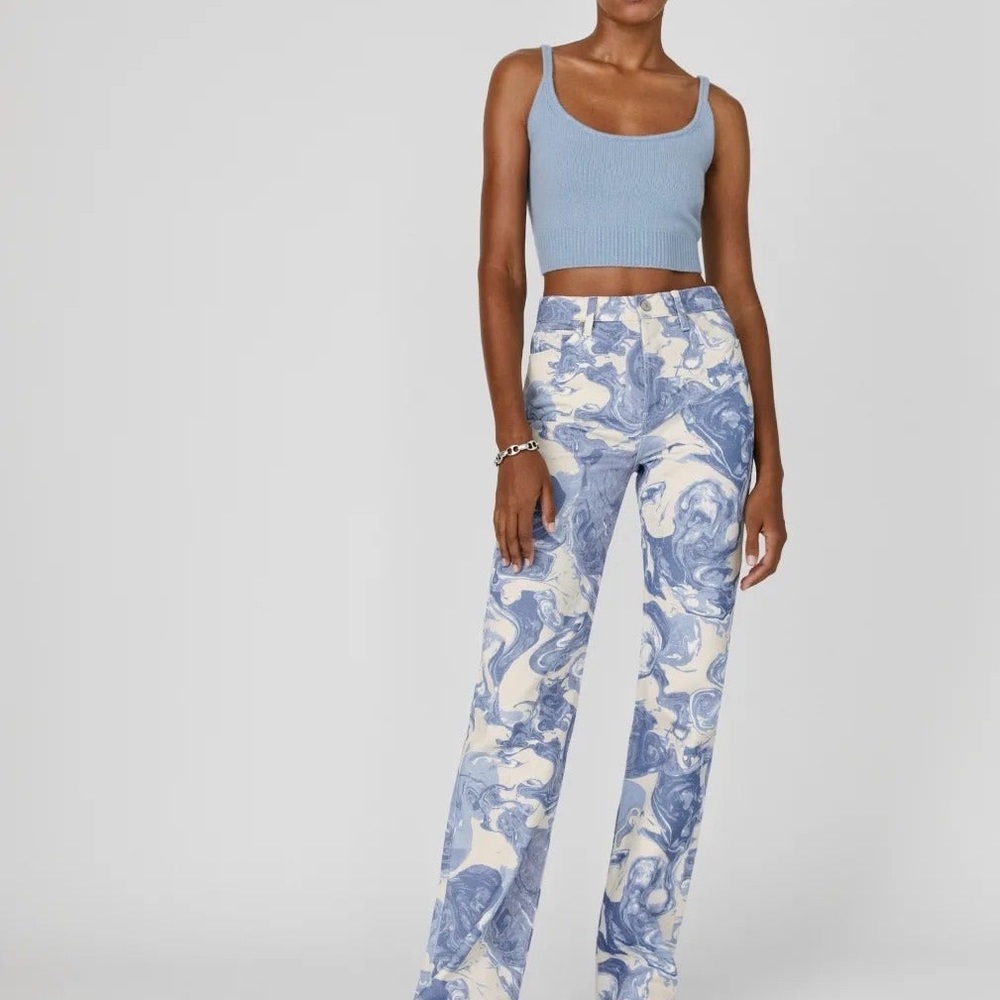 Reformation Marble High Rise Straight Long Jean in Blue Swirl